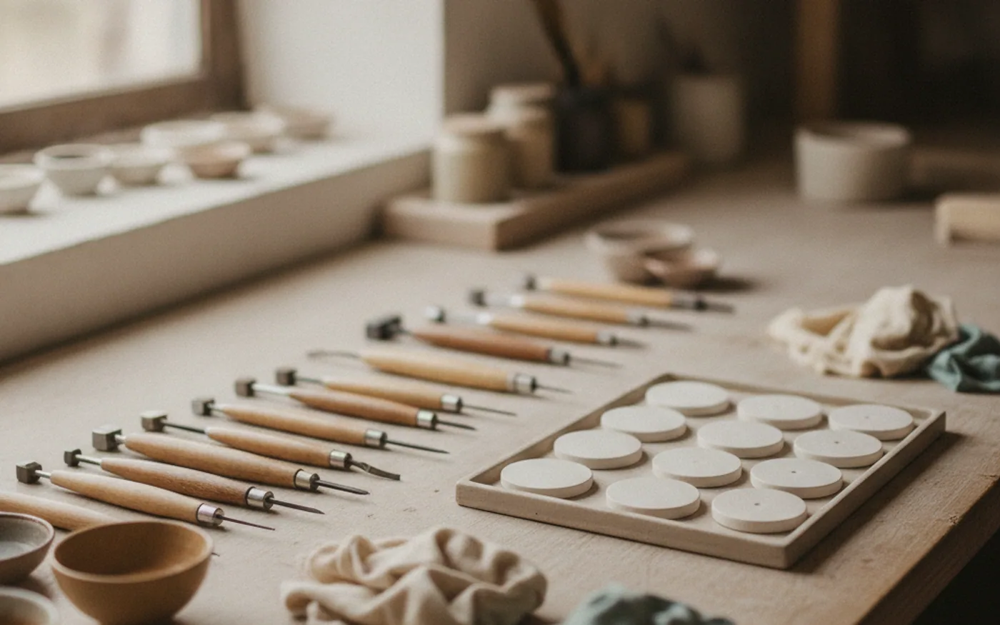 Mesa de taller artesanal con herramientas finas y piezas en preparación